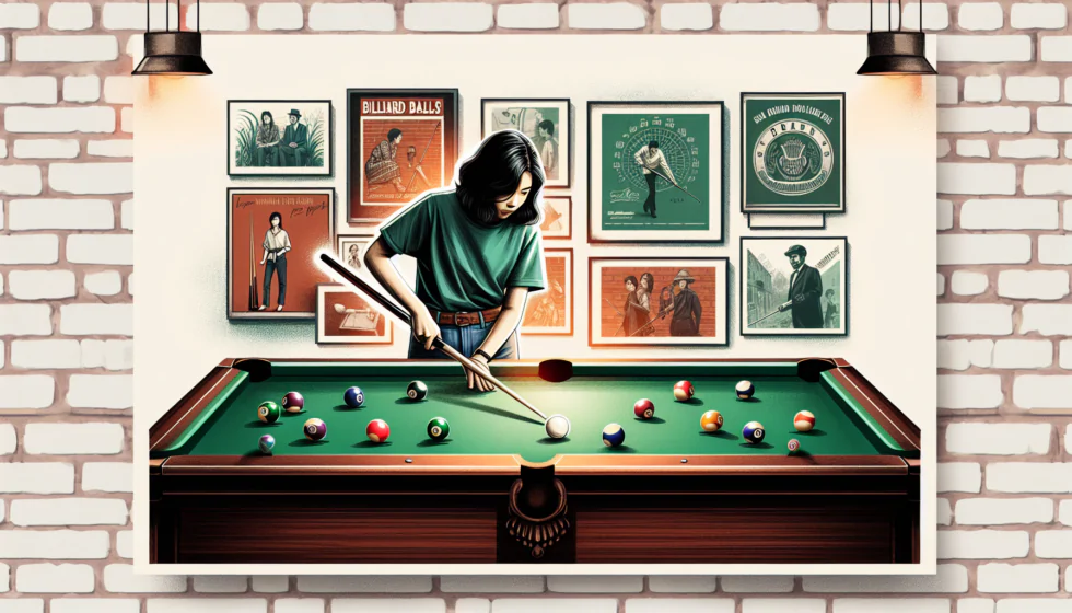 Persona jugando al billar en sala decorada.
