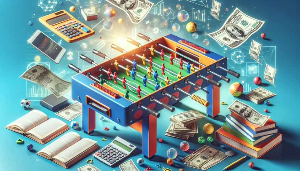 Futbolín rodeado de dinero, libros y tecnología.