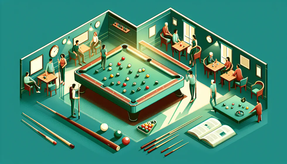 Personas jugando al billar en un salón.