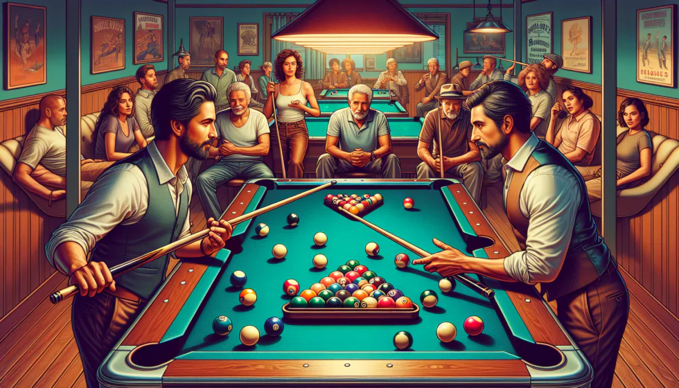 Dos hombres jugando al billar en un bar lleno.