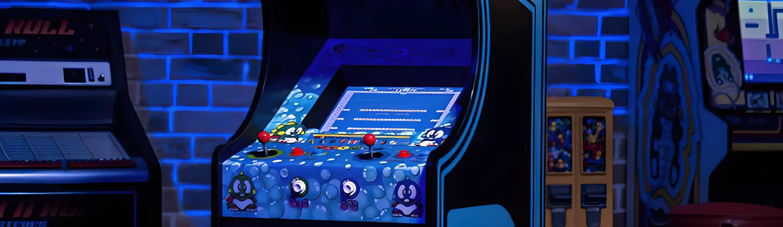 Máquina arcade de videojuegos retro iluminada en azul.