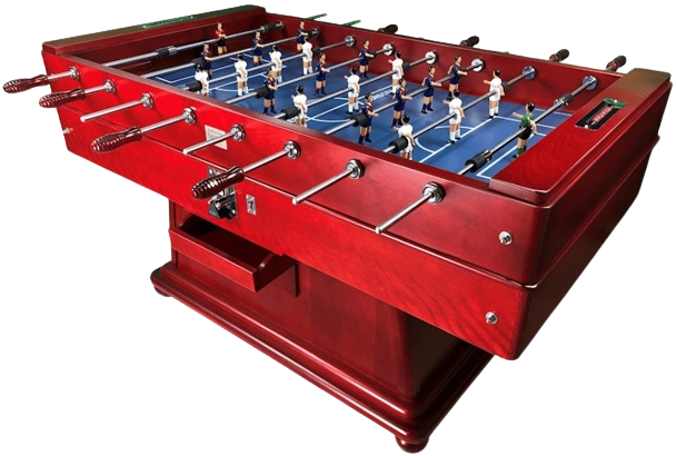 Futbolin-Cordoba-o-Catalan Futbolín de madera con jugadores en cancha azul.